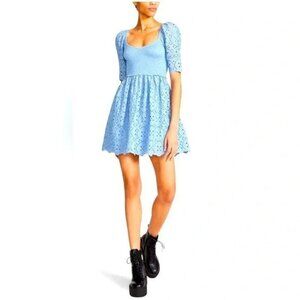 Betsey Johnson Eyelet Endless Sky Blue Cotton Smocked Mini Dress